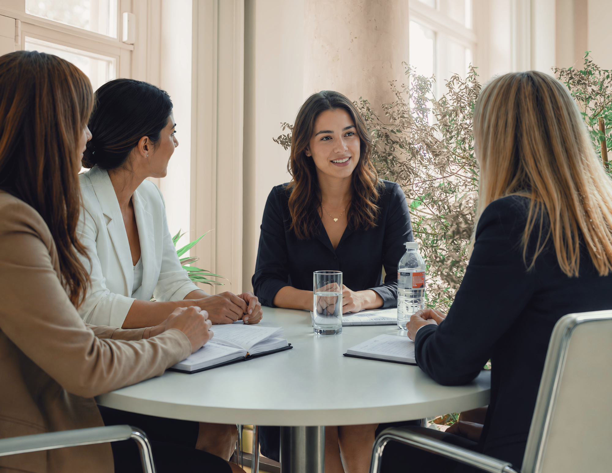 A team in conversation around a meeting table
