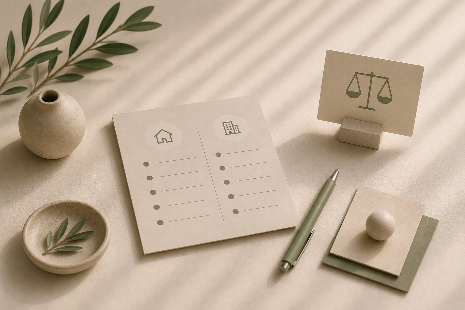 A two-column comparison sheet beside scales of justice