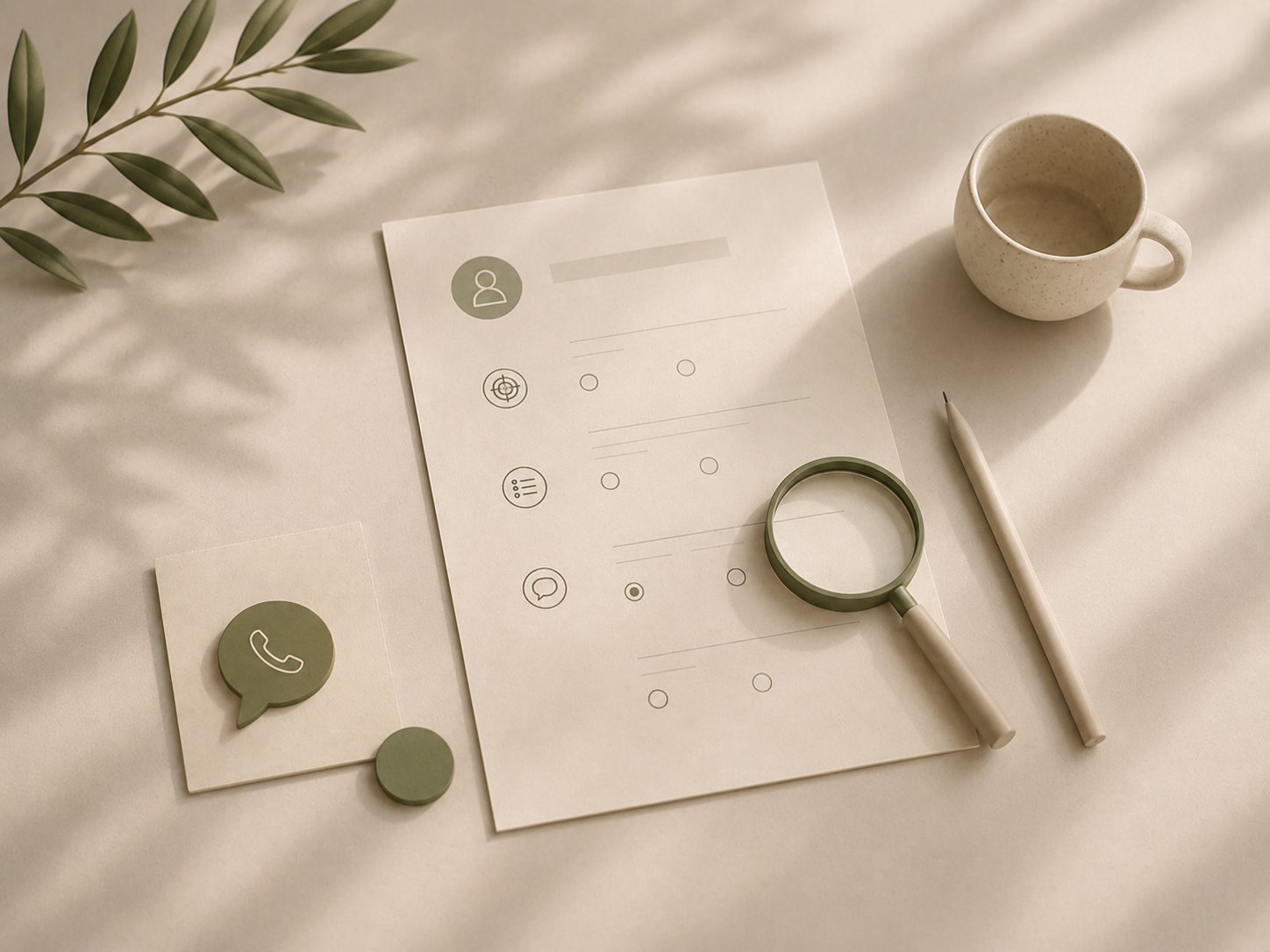 A profile sheet under a magnifying glass, with a phone-call icon nearby