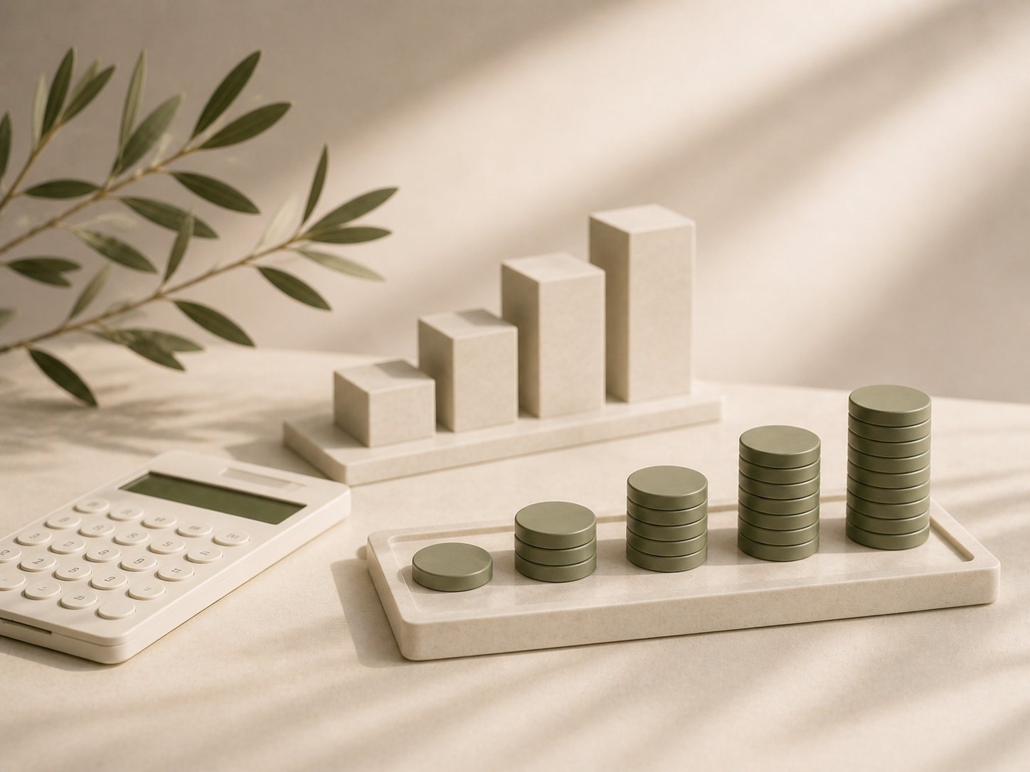 A calculator with rising bar chart and stacks of coins