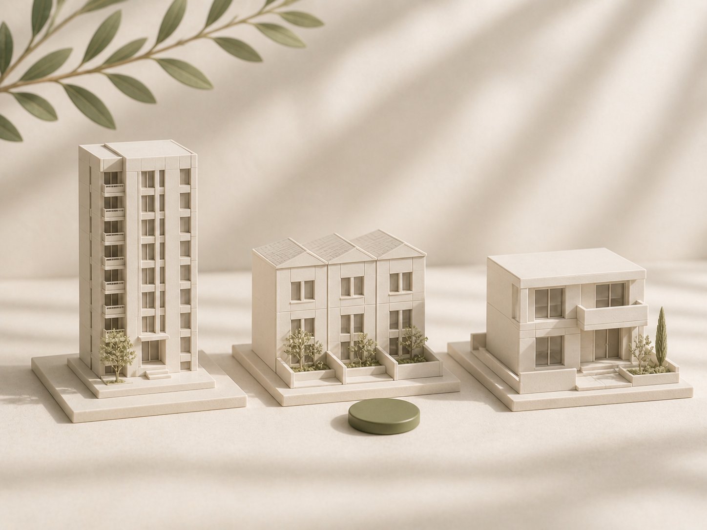 Three model buildings — apartment block, townhouses, villa